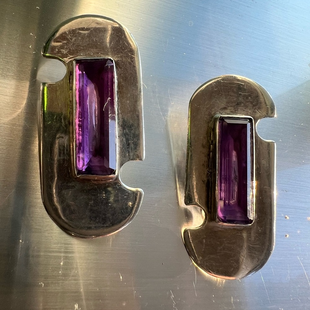 Sterling Silver and Amethyst Geometric Clip On Earrings